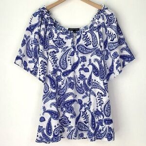 Adrienne Vittadini Blue & White Paisley Blouse Size 3X Flutter Sleeve Scoop Neck